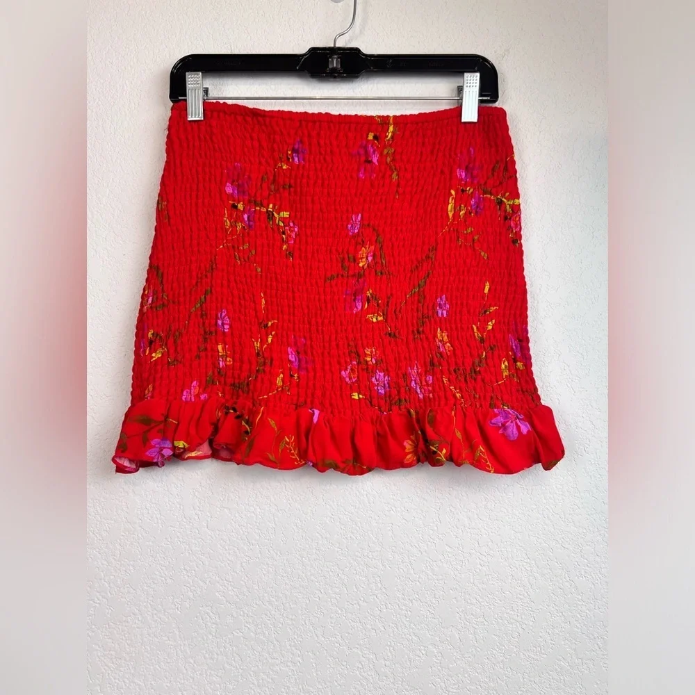 Lovers + Friends Red Floral Smocked Mini Skirt with Ruffle Hem Large